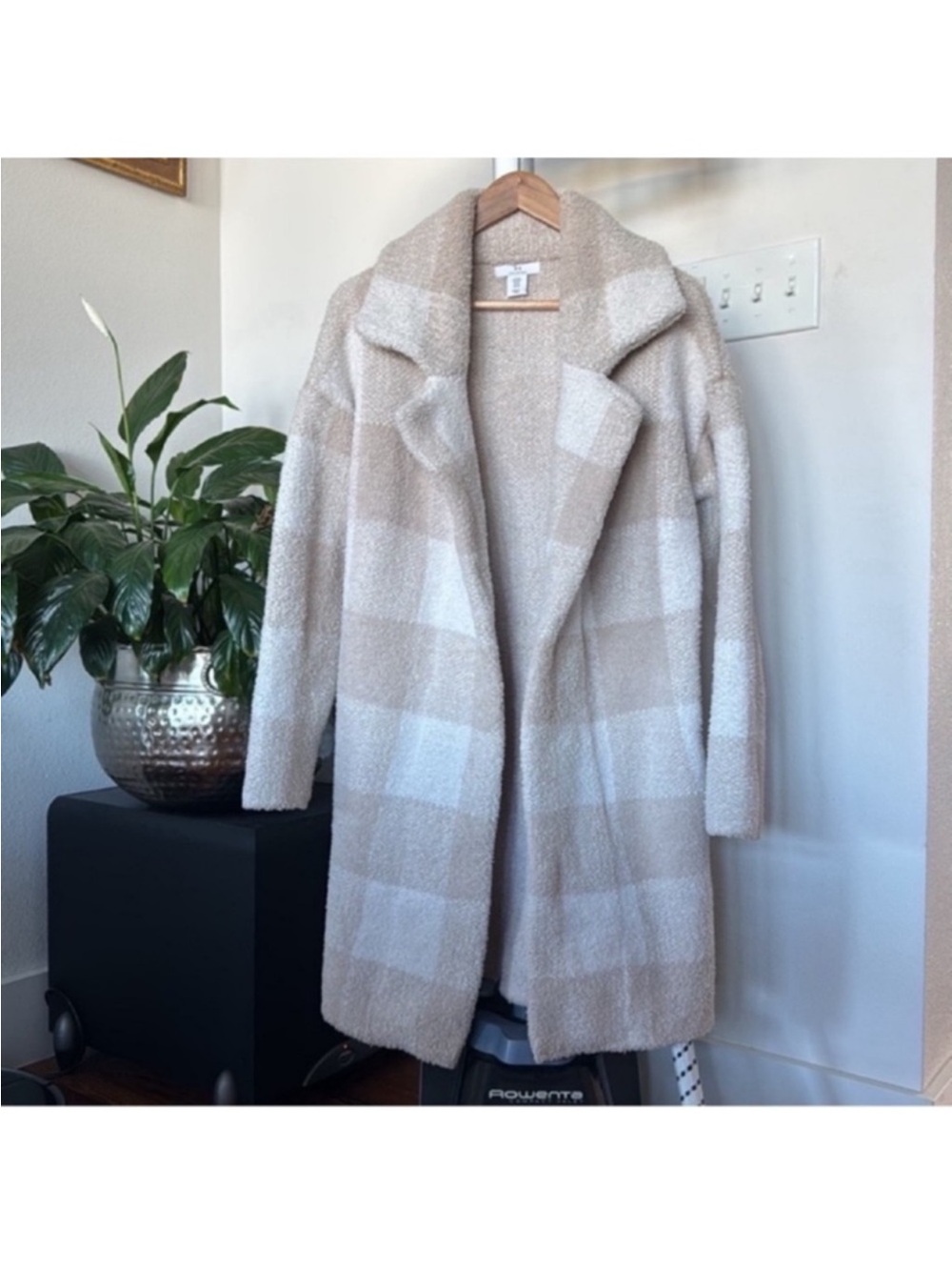 NWT HALSTON Buffalo Plaid Collar Duster Cardigan Jacket Sz M Loungewear Ivory